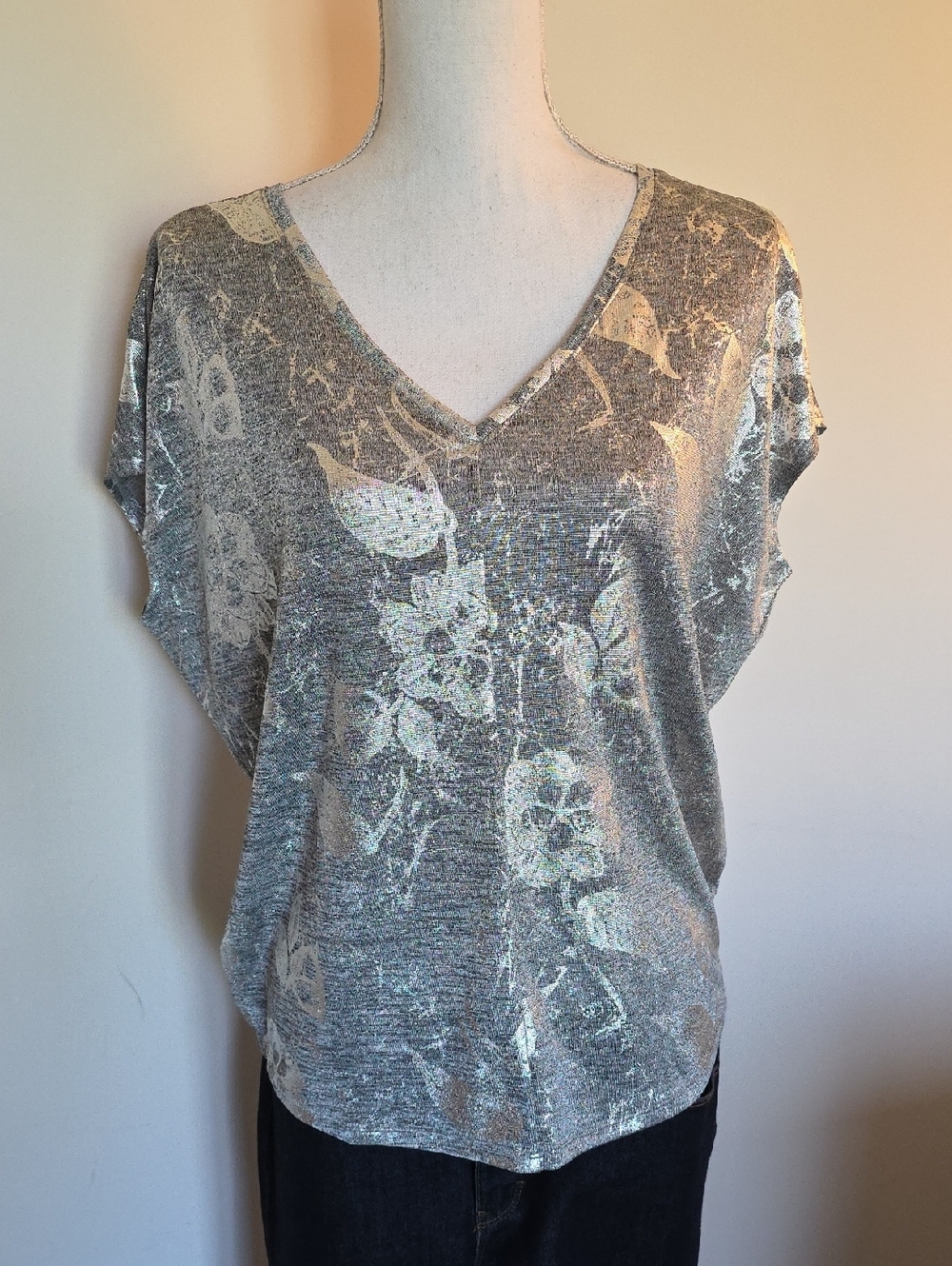White House Black Market Silver Metallic Floral V-Neck Top